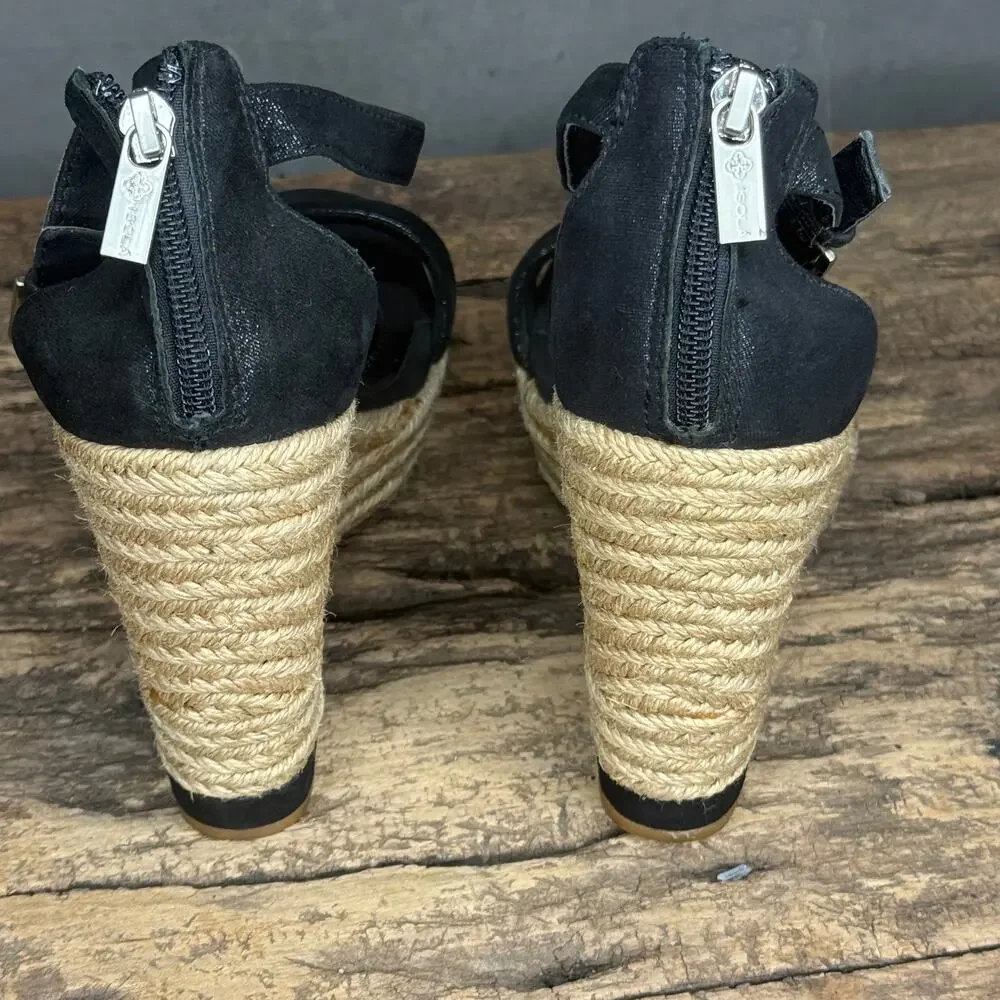 Isola Black Leather Strappy Espadrille Wedge Sandals Zipper Size 8